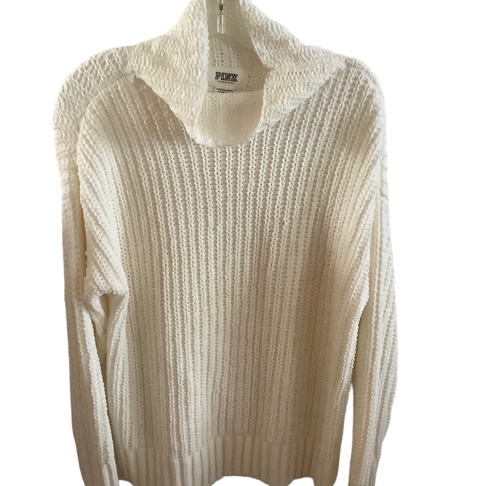 Vtg Victoria’s Secret rib sweater pullover white rose gold logo mock neck Sz XS